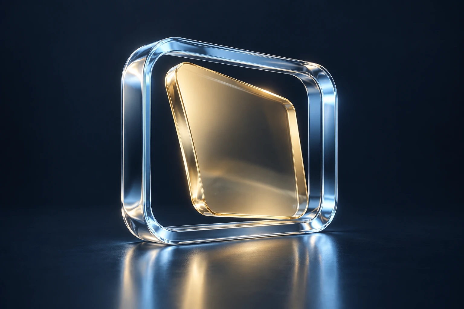 A sculptural blue glass portal with a luminous golden inner pane