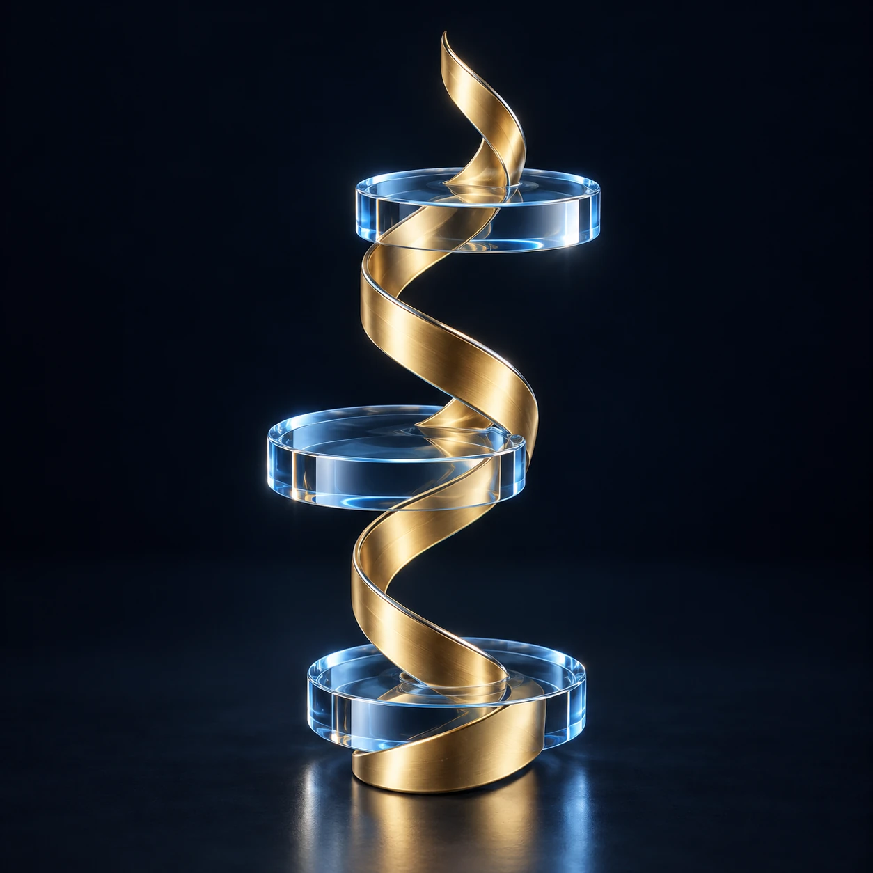 A polished gold ribbon rising through translucent blue glass discs