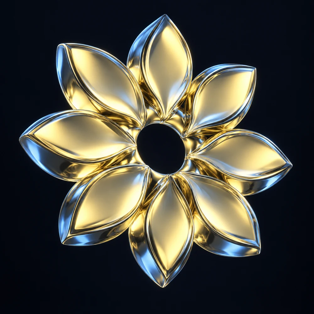 A sculptural golden flower with blue edges